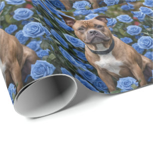 Papel De Regalo Staffy Marrón En Jardín De Rosas Azules,