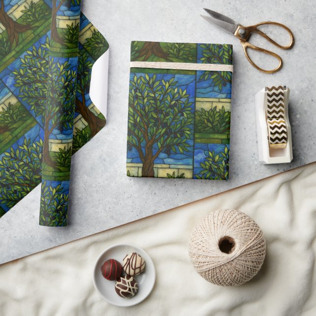 Papel De Regalo Stained Glass Olive Tree Wrapping Paper – Nature  (Artesanía)