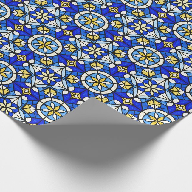 Papel De Regalo Stained Glass Style Shades of Blue and Yellow (Esquina)