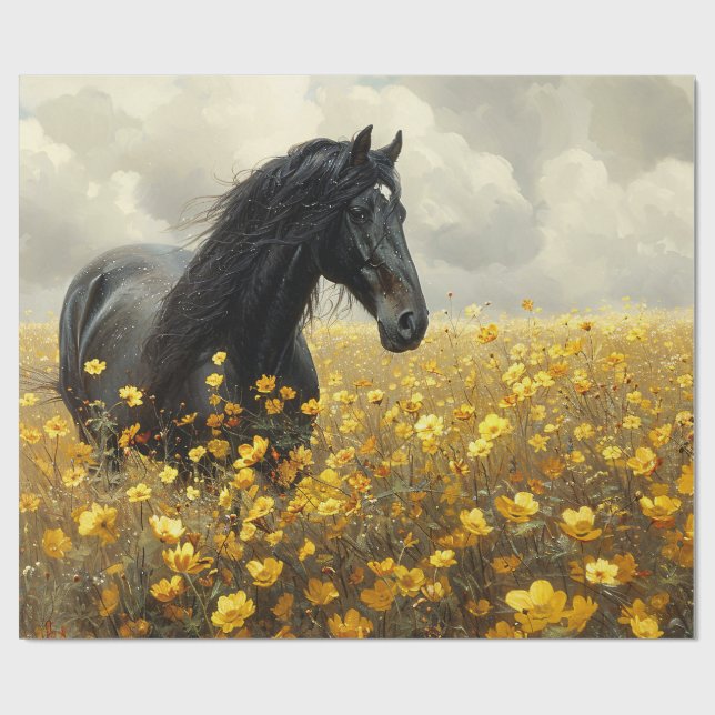 Papel De Regalo Stallion negro con flores silvestres amarillas Des (Superficie plana)