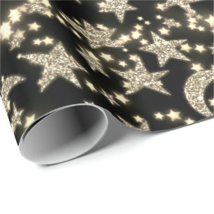 Papel De Regalo Star Moon Spark Night Galaxy Black Champaigne Gold