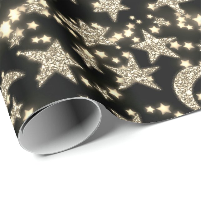 Papel De Regalo Star Moon Spark Night Galaxy Black Champaigne Gold (Esquina del rollo)