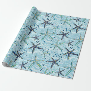Papel De Regalo Starfish azul claro y dorado en el patrón de ola o