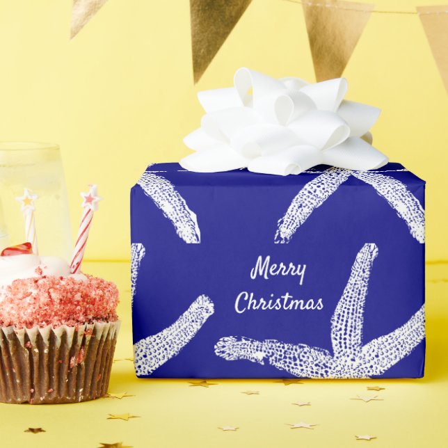 Papel De Regalo Starfish Navy Blue White Merry Christmas 2023 (Fiesta de cumpleaños )