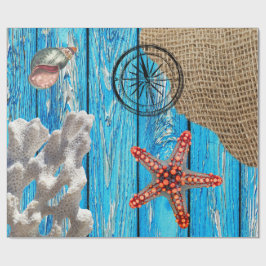 Papel De Regalo Starfish Rústico Nautical Blue Wood