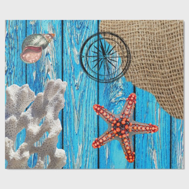Papel De Regalo Starfish Rústico Nautical Blue Wood (Superficie plana)