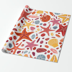 Papel De Regalo Starfishes, cáscaras y piedras de víspera plana