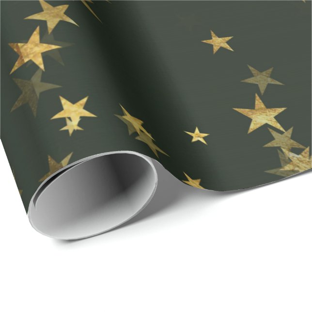Papel De Regalo Starnight Deep Green Forest Gold Confetti (Esquina del rollo)
