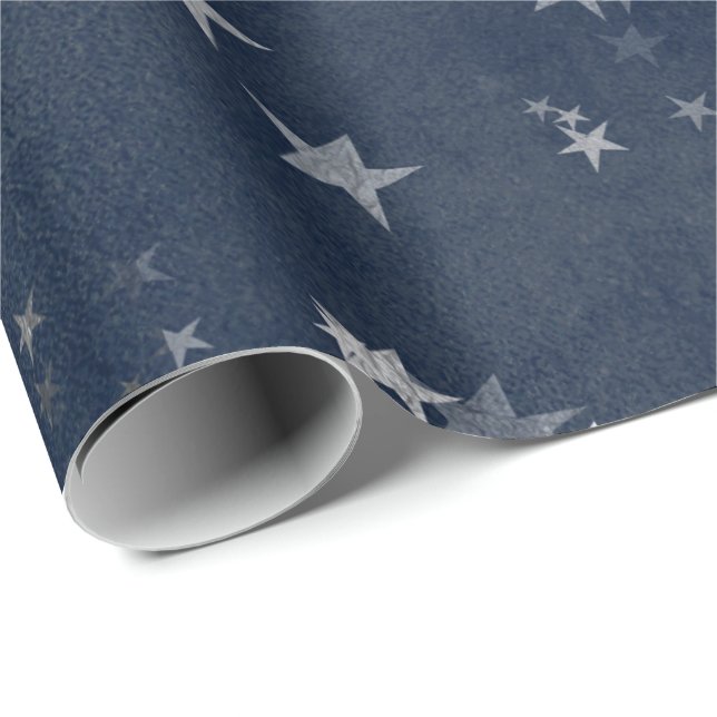 Papel De Regalo Starry Night Blue Navy Stars Gray Silver Confetti (Esquina del rollo)
