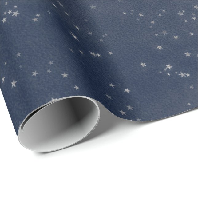 Papel De Regalo Starry Night Blue Navy White Gray Silver Confetti (Esquina del rollo)
