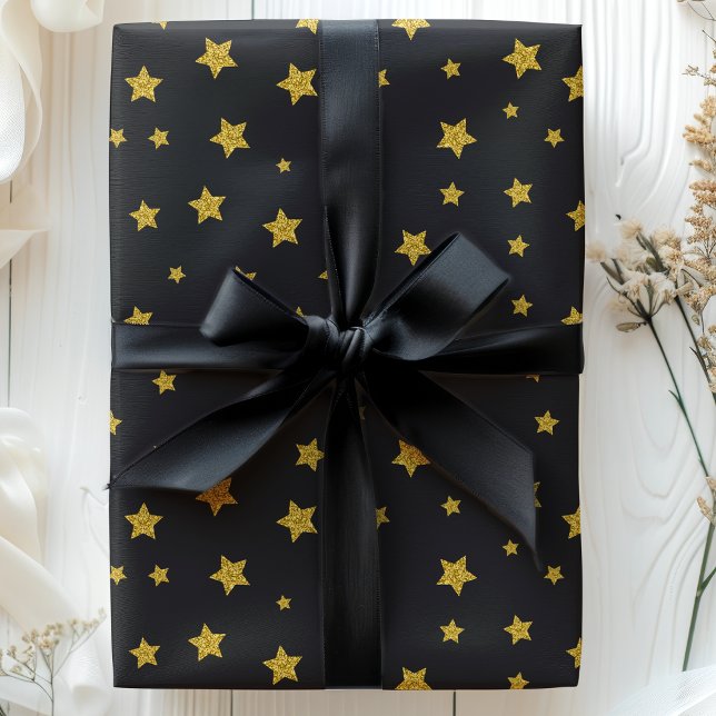 Papel De Regalo Stars Black Gold Holiday Cumpleaños Año Nuevo (Subido por el creador)