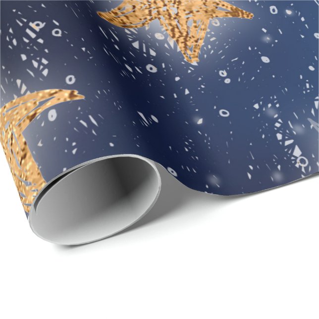 Papel De Regalo Stars Galaxy Sky Navy Blue Night Copper Gold Fancy (Esquina del rollo)