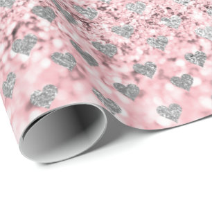 Papel De Regalo Stars Hearts Confetti Purpurina Gris Plata Rosa