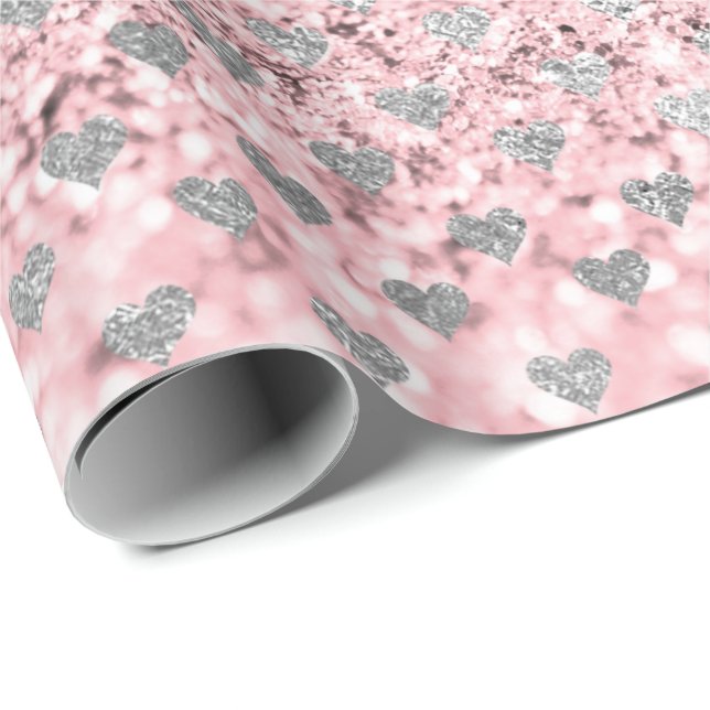 Papel De Regalo Stars Hearts Confetti Purpurina Gris Plata Rosa (Esquina del rollo)