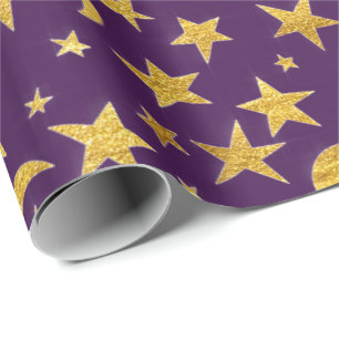 Papel De Regalo Stars Moon Black Sky Black Gold Purple Lavender