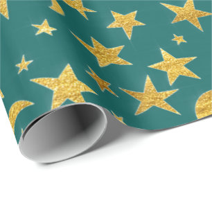 Papel De Regalo Stars Moon Black Sky Black Gold Verde azulado Aqua