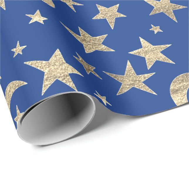 Papel De Regalo Stars Moon Blue Indigo Gold Metalizado Sky Champai (Esquina del rollo)