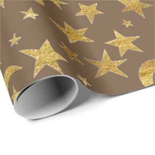 Papel De Regalo Stars Moon Bronze Maroon Gold Metall