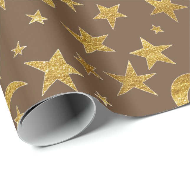 Papel De Regalo Stars Moon Bronze Maroon Gold Metall (Esquina del rollo)