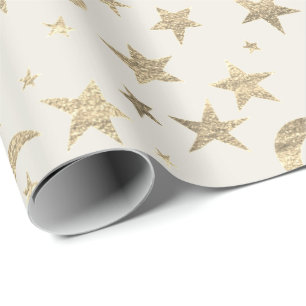 Papel De Regalo Stars Moon Ivory Creamy Gold Metalizado Sky Champa