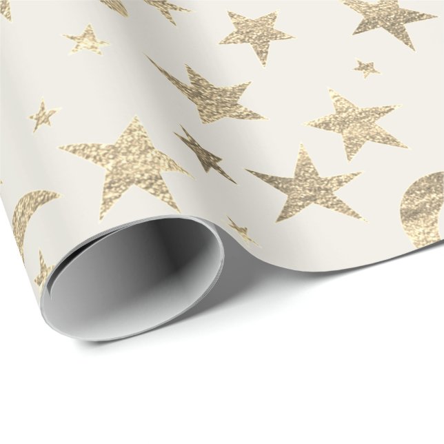 Papel De Regalo Stars Moon Ivory Creamy Gold Metalizado Sky Champa (Esquina del rollo)