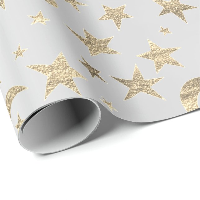 Papel De Regalo Stars Moon Silver Gray Gold Metallic Sky Champaign (Esquina del rollo)