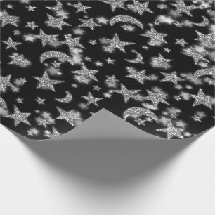 Papel De Regalo Stars Moon Spark Night Galaxy Black Silver Gray