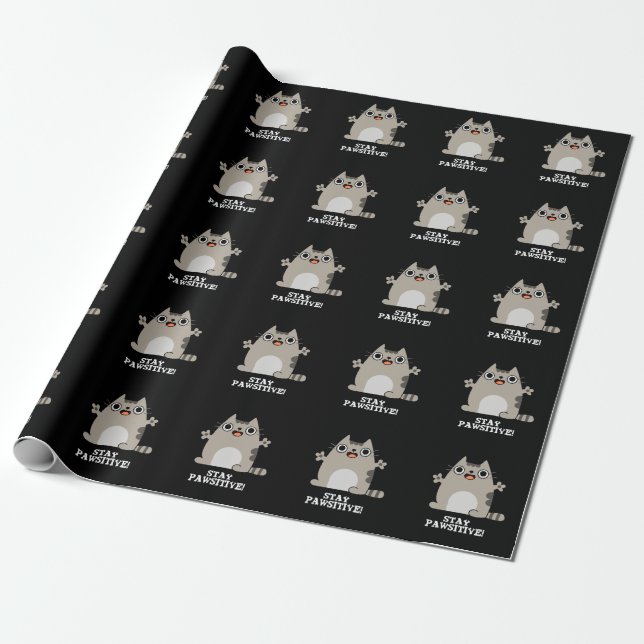 Papel De Regalo Stay Paw-sitive Funny Cat Pun Dark BG (Desenrollado)