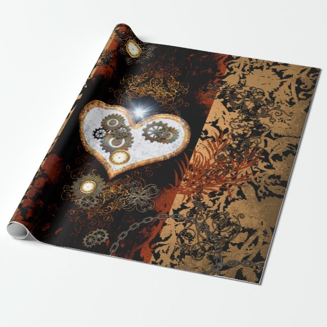 Papel De Regalo Steampunk, corazón hermoso con los engranajes y (Desenrollado)
