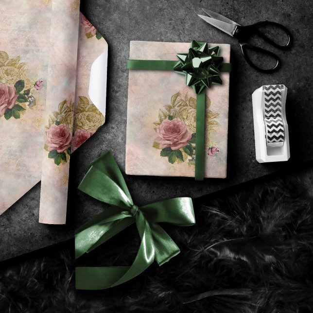 Papel De Regalo Steampunk Glam | Floral Rústica Rosa y Oro Rosa (Subido por el creador)