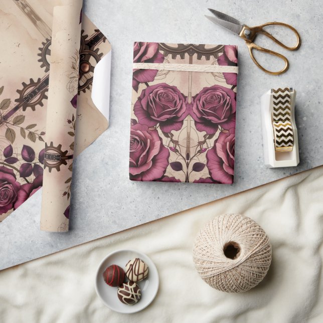 Papel De Regalo Steampunk Plum Roses & Gears Wrapping Paper (Artesanía)