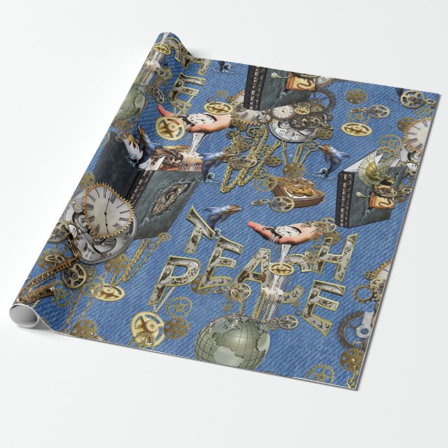 Papel De Regalo Steampunk sobre el denim azul (Desenrollado)