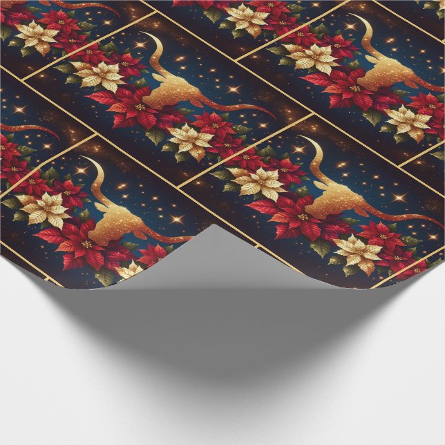 Papel De Regalo Steer Longhorn Dorado Con Navidades De Poinsettias (Esquina)