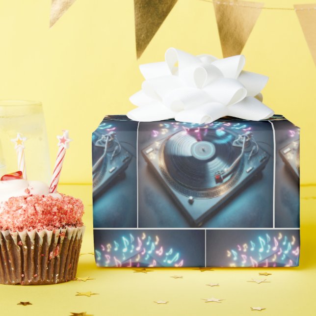 Papel De Regalo Stereo Turntable Con Notas De Neón Danzantes (Fiesta de cumpleaños )