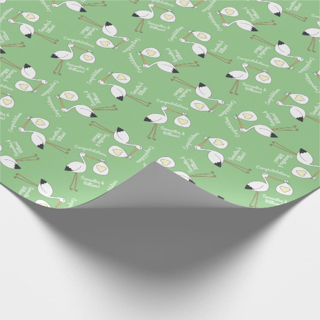 Papel De Regalo Stork Baby Shower Green Gender Neutral (Esquina)