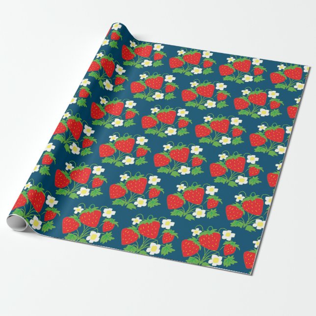 Papel De Regalo Strawberry and Flowers Pattern Blue (Desenrollado)