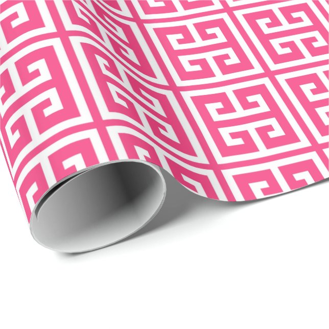 Papel De Regalo Strawberry Hot Pink Greek Key Pattern (Esquina del rollo)