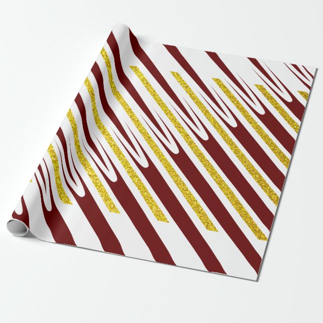 Papel De Regalo Stripe Pattern Gold Purpurina Dark Red Burgundy Gu (Desenrollado)