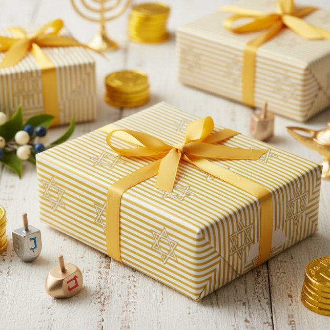 Papel De Regalo Striped Candle Flame Yellow Jewish Star of David (Jewish Gold Star Striped Candle Flame Yellow & White Pattern for Hanukkah, Bat Mitzvah, Mazel Tov)