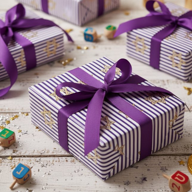 Papel De Regalo Striped Indigo Jewish Gold Star of David (Elegant Jewish Star of David Striped Indigo & White Pattern for Hanukkah, Bat Mitzvah, Mazel Tov)