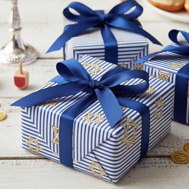 Papel De Regalo Striped Sapphire Blue Jewish Gold Star of David (Chic Jewish Star of David Striped Sapphire Blue & White Pattern for Hanukkah, Bar Mitzvah, Mazel Tov)