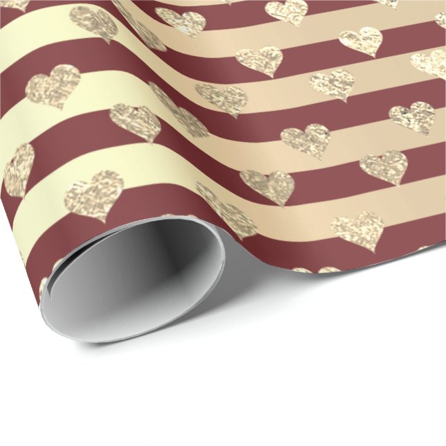 Papel De Regalo Stripes Line Heart Champaigne Gold Burgundy Maroon (Esquina del rollo)