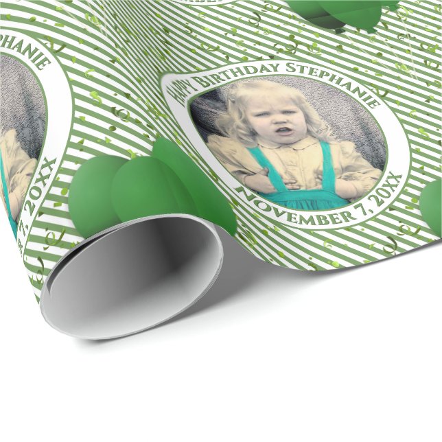 Papel De Regalo Su texto .Photo Green/White Simple Strips (Esquina del rollo)