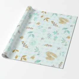 Papel De Regalo Suave Floral Acuarela Dorado Azul con Brillo
