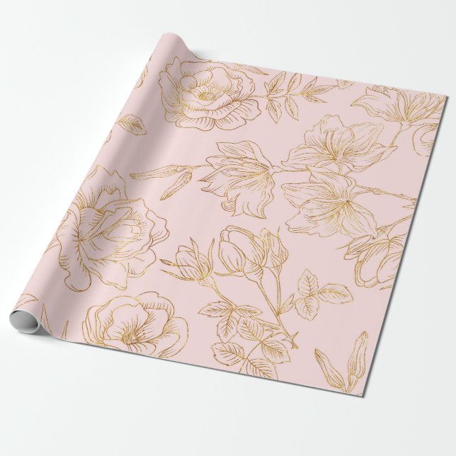 Papel De Regalo Suavemente rosa, con las rosas resumidas oro (Desenrollado)