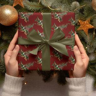 Papel De Regalo Subdivisión Evergreen de color de agua en rojo de 