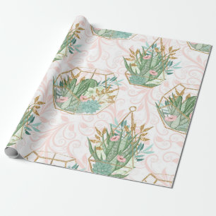Papel De Regalo Suculentas de purpurina rosa y menta de primavera