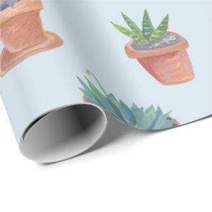 Papel De Regalo Suculentos y cactus sobre el fondo azul envoltura 