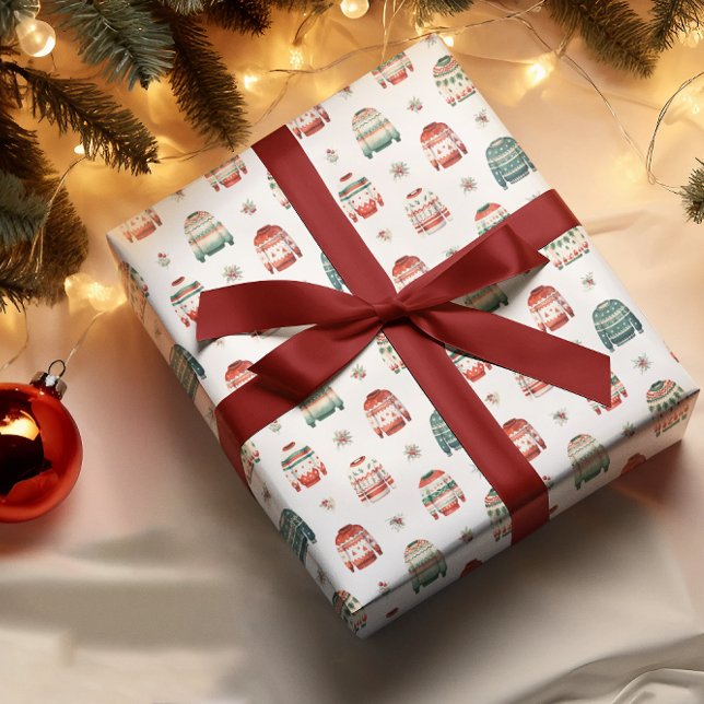 Papel De Regalo Suéter de Navidades feos | Patrón Holly y Berries (Ugly Christmas Sweater Holly and Berries Pattern White  Wrapping Paper)