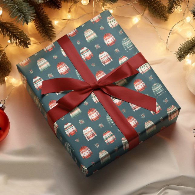 Papel De Regalo Suéter de Navidades feos | Patrón Holly y Berries (Ugly Christmas Sweater Holly and Berries Pattern Dark Teal Green Wrapping Paper)